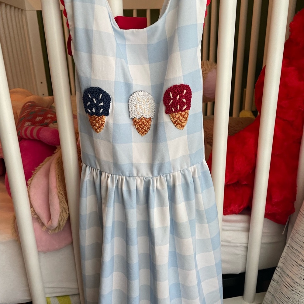 Charming Kids Blue Checkered Dress with Ice Cream Embroidery